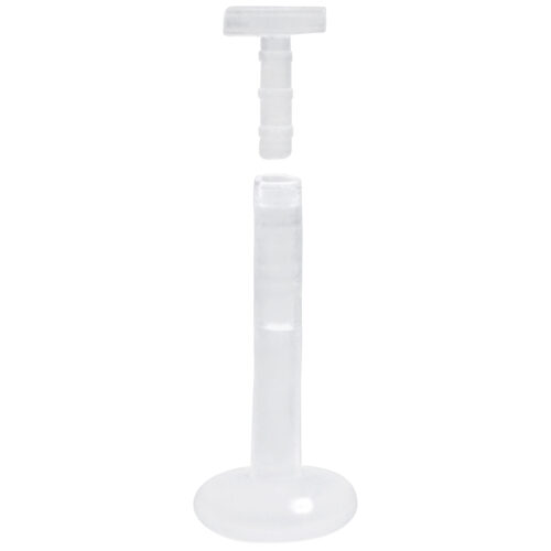 Läpinäkyvä Labret Tanko Bioplastista Push-Fit kierteen kanssa valkoisella taustalla