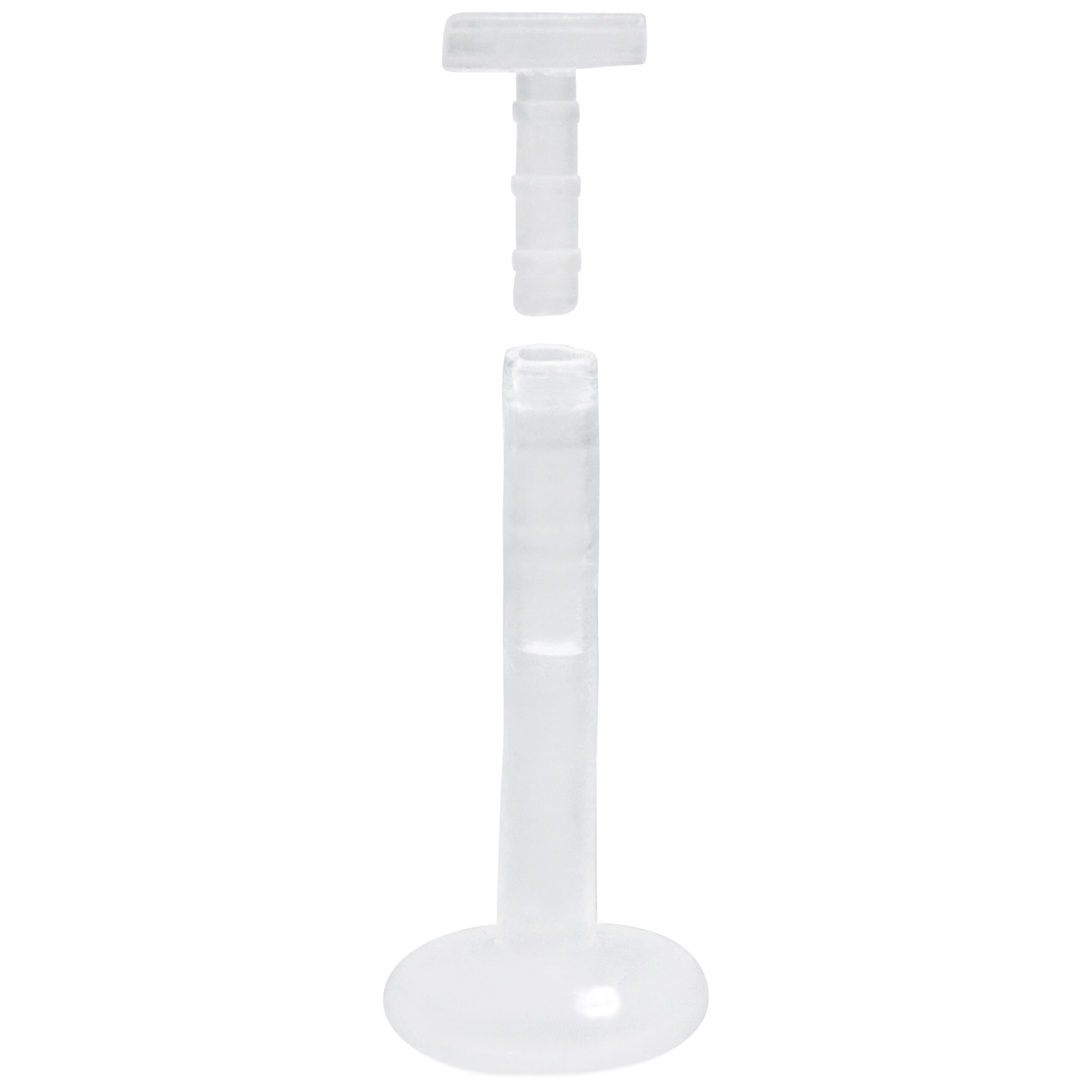Läpinäkyvä Push-Fit Labret Tanko lävistyksiin Läpinäkyvä Labret Tanko Bioplastista Push-Fit kierteen kanssa valkoisella taustalla