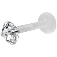 Push-Fit Crystal Labret bioplastista ja hopeasta Labret kristallinkirkkaalla kristallilla ja bioplast-tangolla valkoisella taustalla