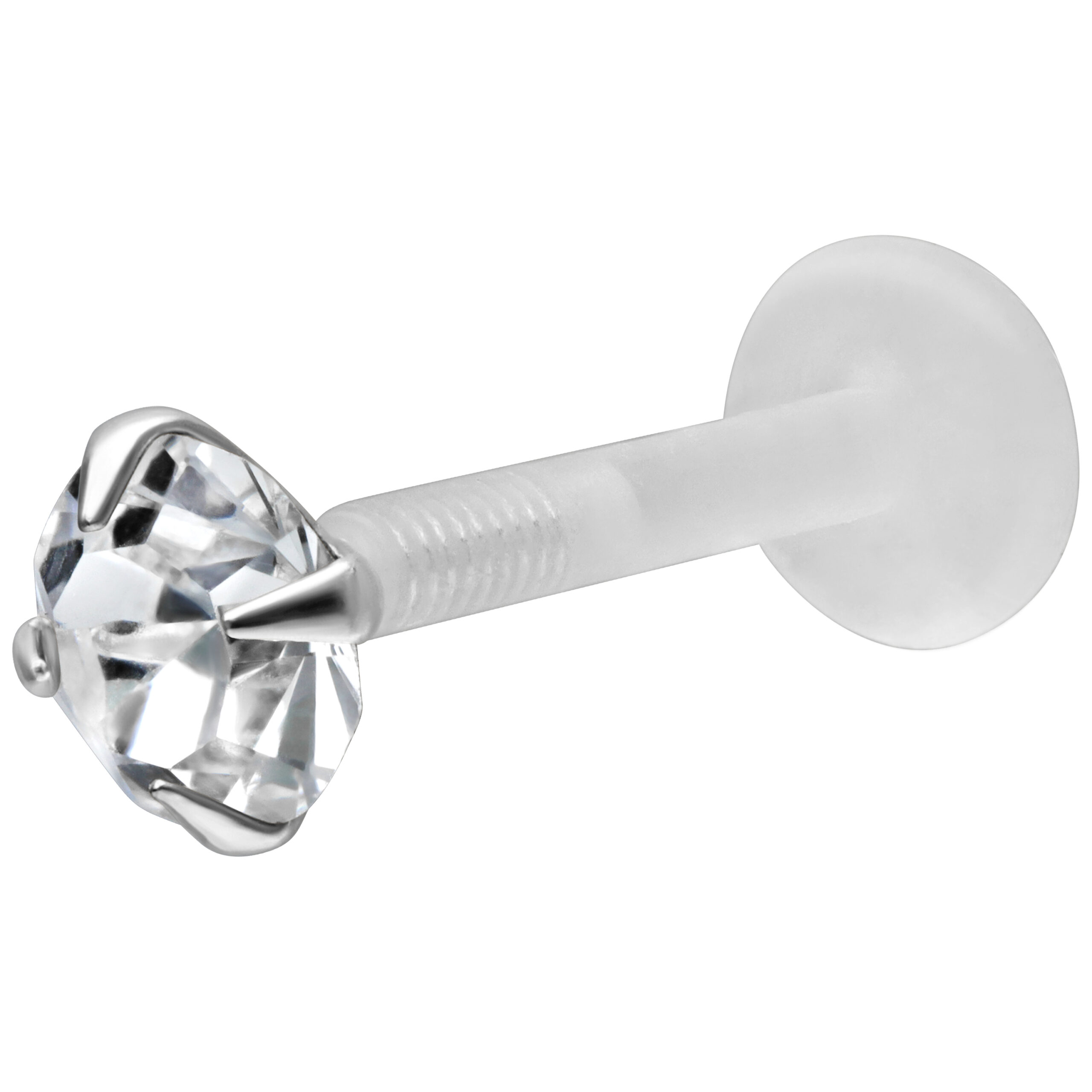 Push-Fit Crystal Labret bioplastista ja hopeasta Labret kristallinkirkkaalla kristallilla ja bioplast-tangolla valkoisella taustalla