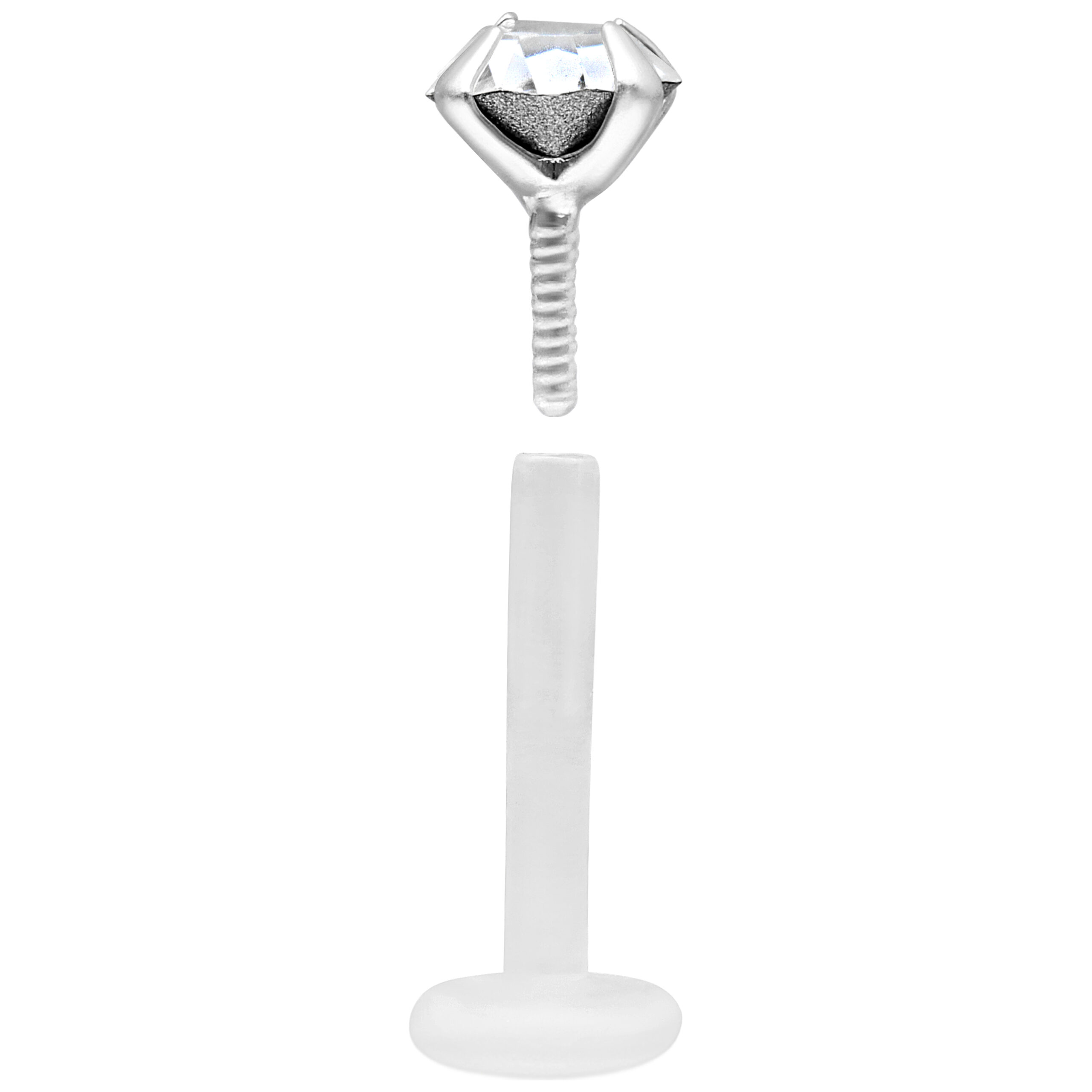 Push-Fit Crystal Labret hopeasta ja bioplastista Hopeinen Push-Fit labret kirkkaalla kristallilla ja bioplast-tangolla valkoisella taustalla