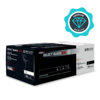 Unigloves Select Black 300 Käsineet Musta Musta laatikko, jossa Unigloves Select Black 300 kertakäyttökäsineitä valkoisella taustalla