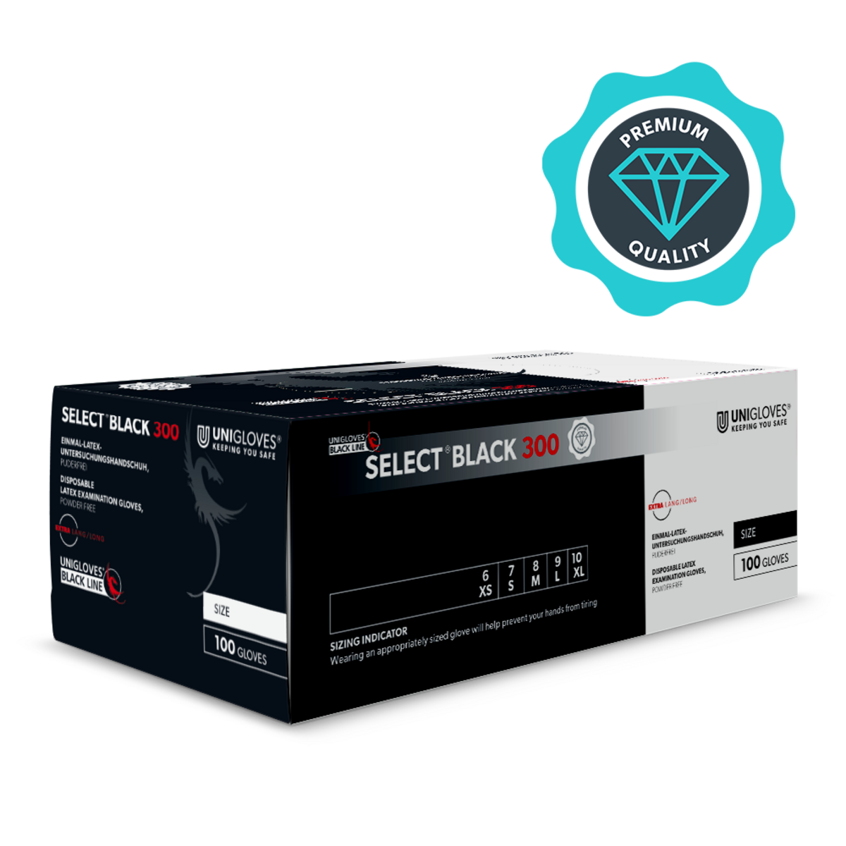 Unigloves Select Black 300 Käsineet Musta Musta laatikko, jossa Unigloves Select Black 300 kertakäyttökäsineitä valkoisella taustalla