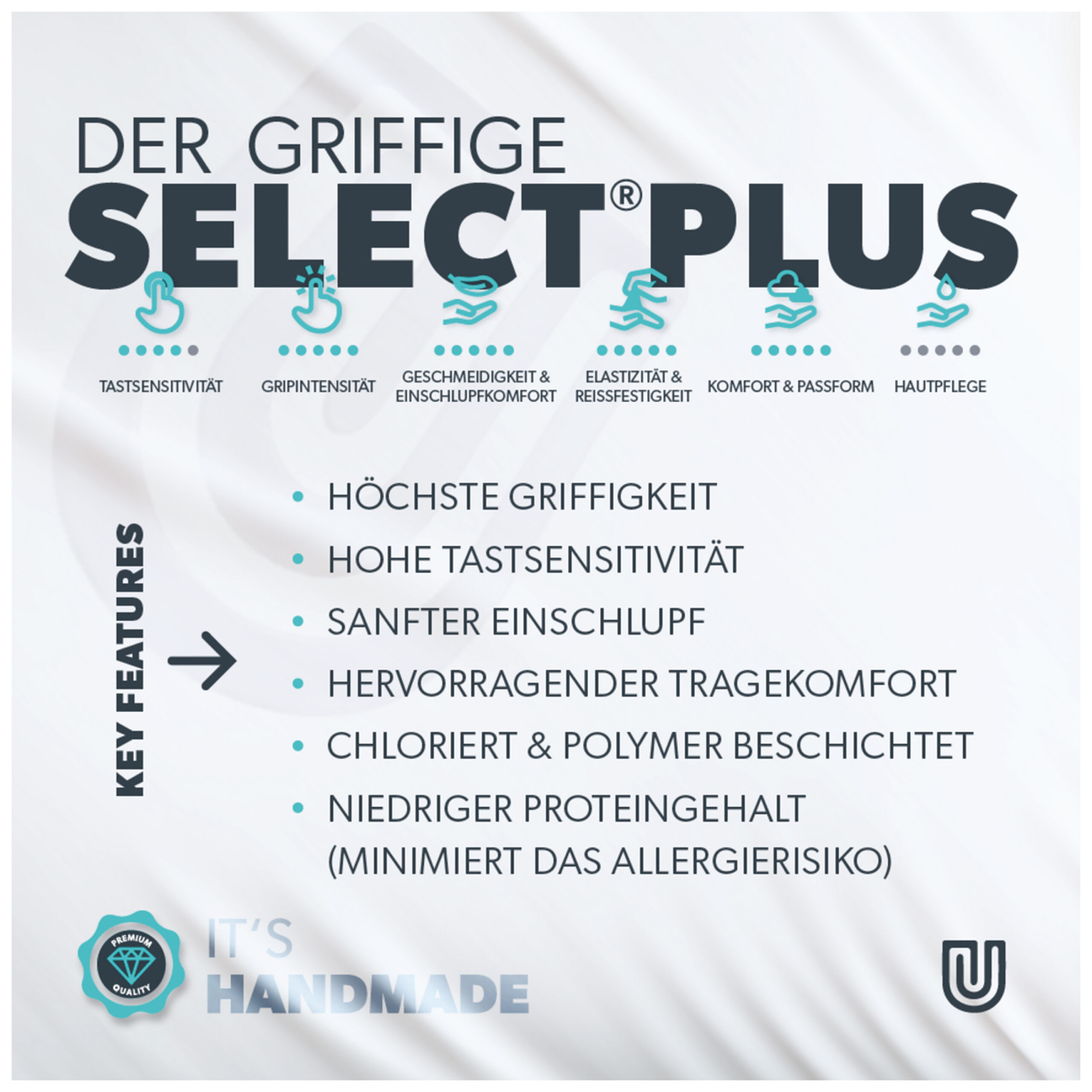 Unigloves Select Plus -käsineet valkoisena, korkea pito ja mukavuus