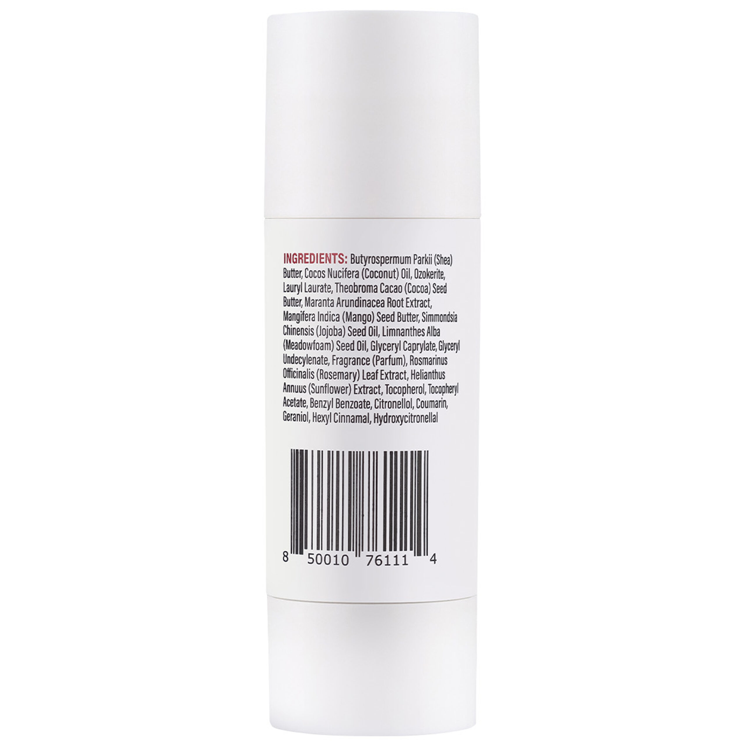 Hustle Butter Revitalizing Stick 150ml Valkoinen Hustle Butter hoitopuikko, jossa on ainesosaluettelo ja viivakoodi