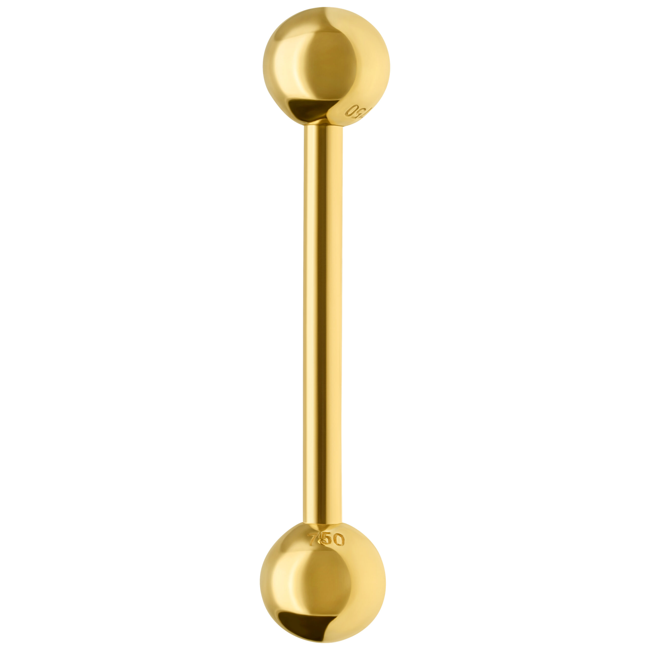 Kiiltävä 18K kultainen barbell, pituus 14,0 mm, valkoisella taustalla