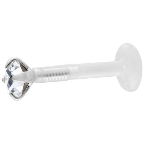 Hopeinen Micro Labret kristallinkirkkaalla kivellä valkoisella taustalla