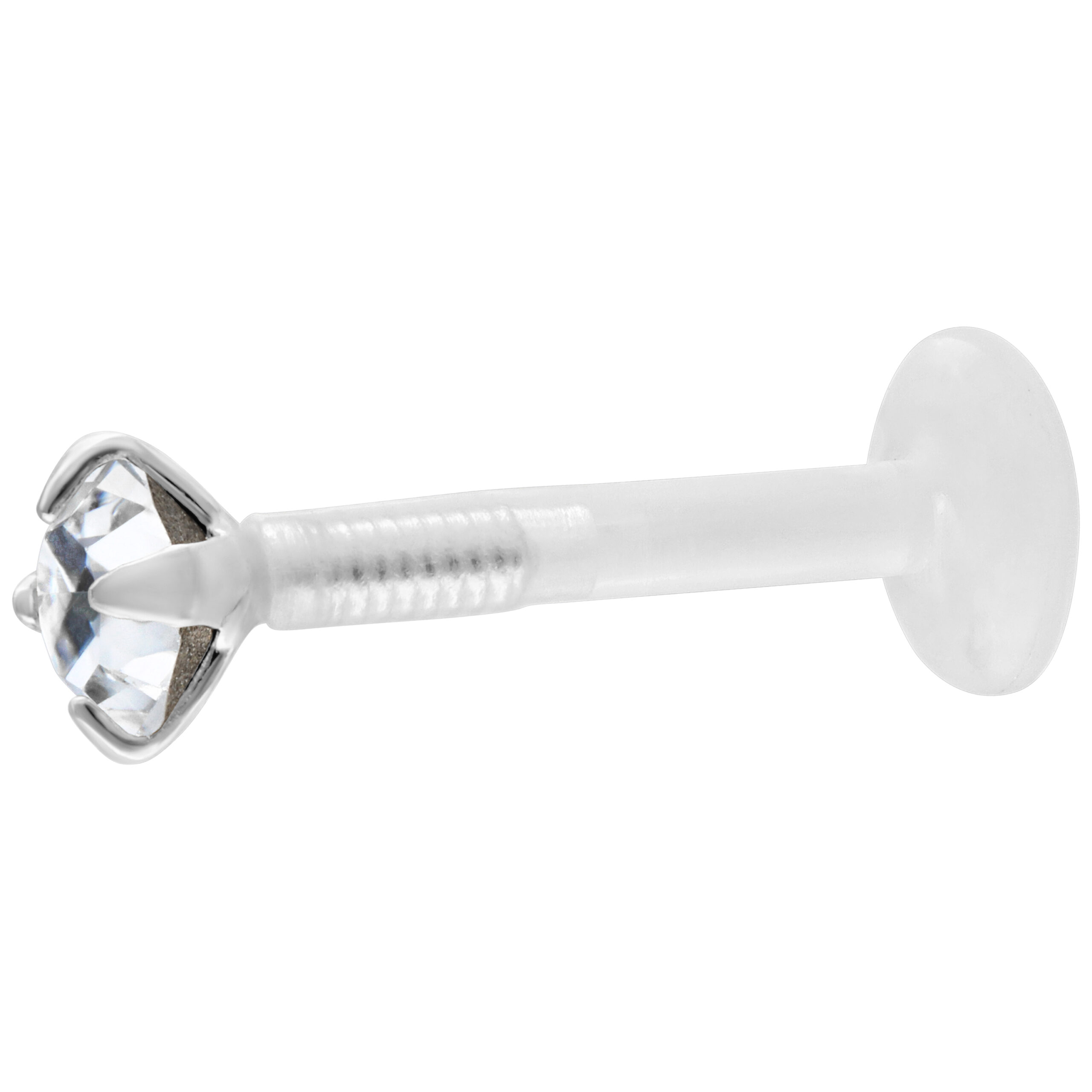 Hopeinen Micro Labret kristallinkirkkaalla kivellä valkoisella taustalla