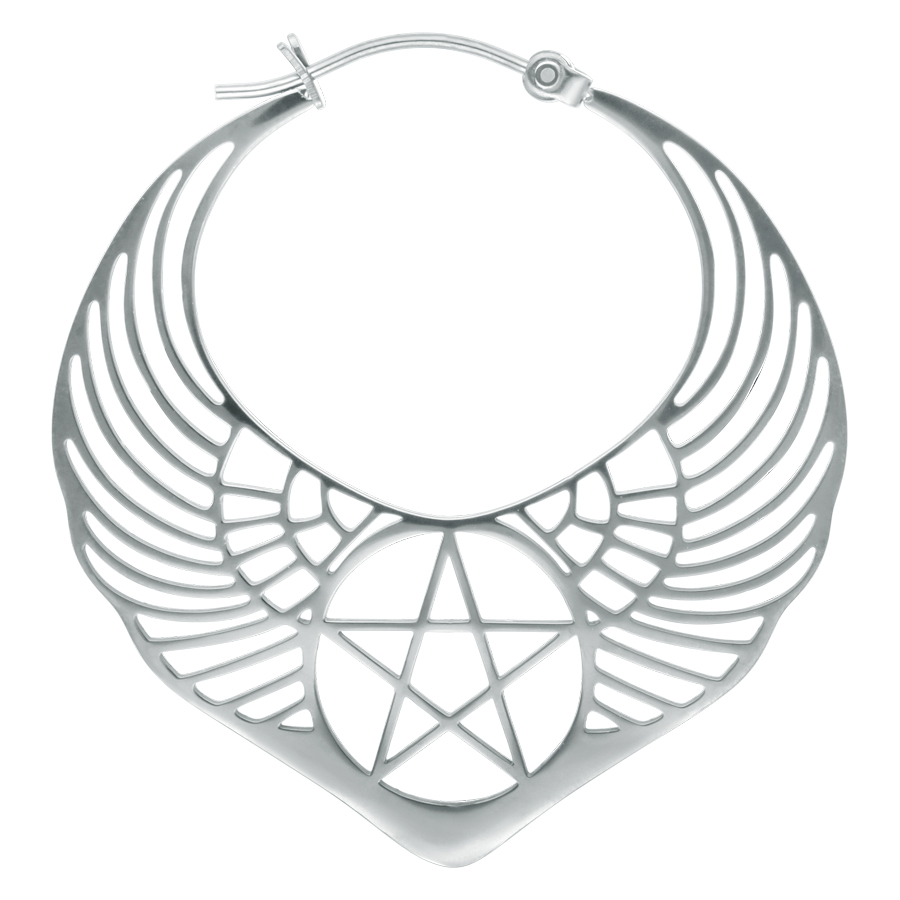 Hopeinen Winged Pentagram -korvakoru Hopeinen korvakoru siivekkäällä pentagrammikuviolla valkoisella taustalla