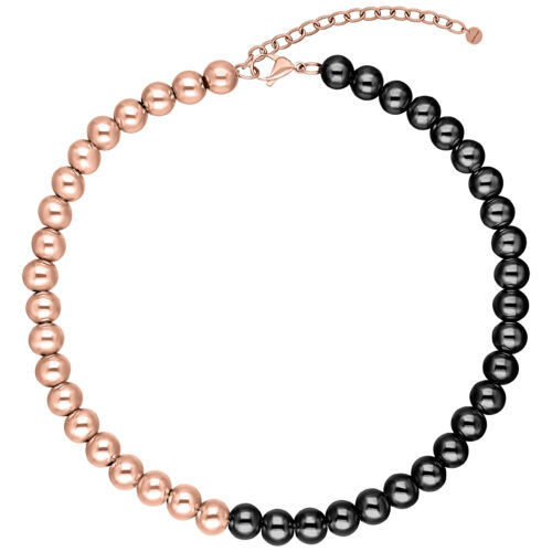 Kaulakoru, jossa vuorottelevat ruusukultaiset ja mustat pallot valkoisella taustalla