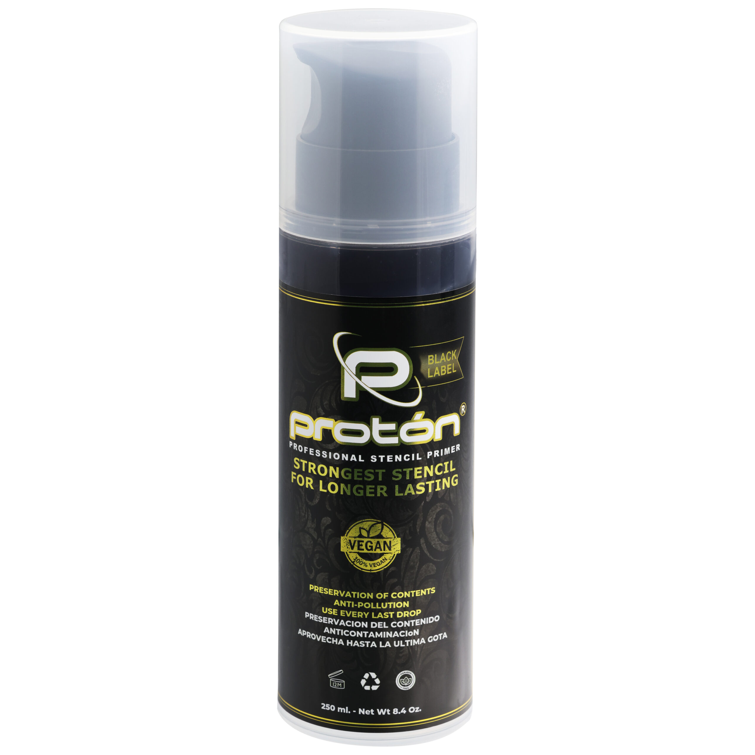 Musta Proton Stencil spraypullo, 250 ml, valkoisella taustalla