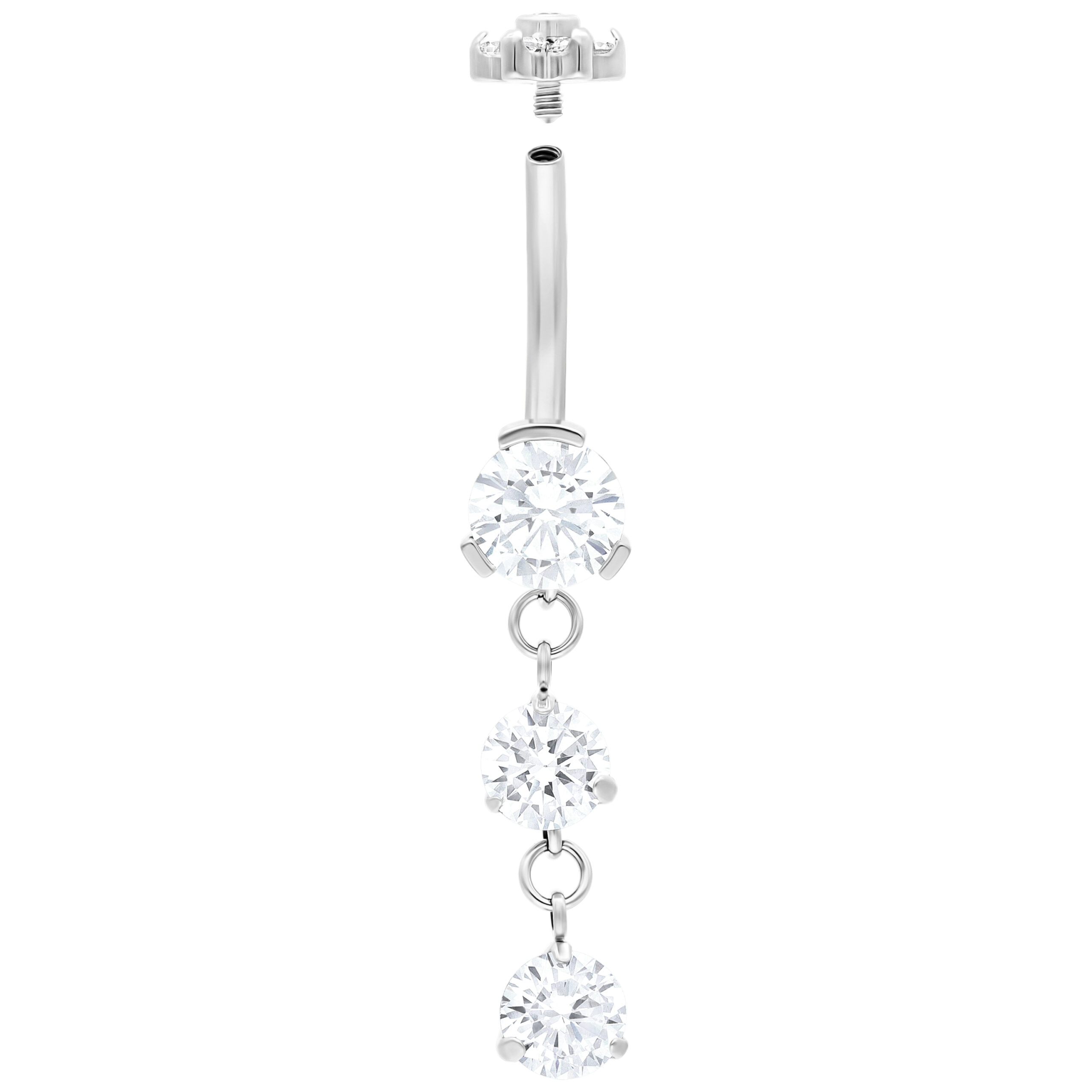 Hopeinen Double Dangling Bananabell 12mm Hopeinen Bananabell, jossa kolme kirkasta kristallia valkoisella taustalla