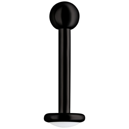 Musta labret-piercing titaanista ulkokierteellä valkoisella taustalla