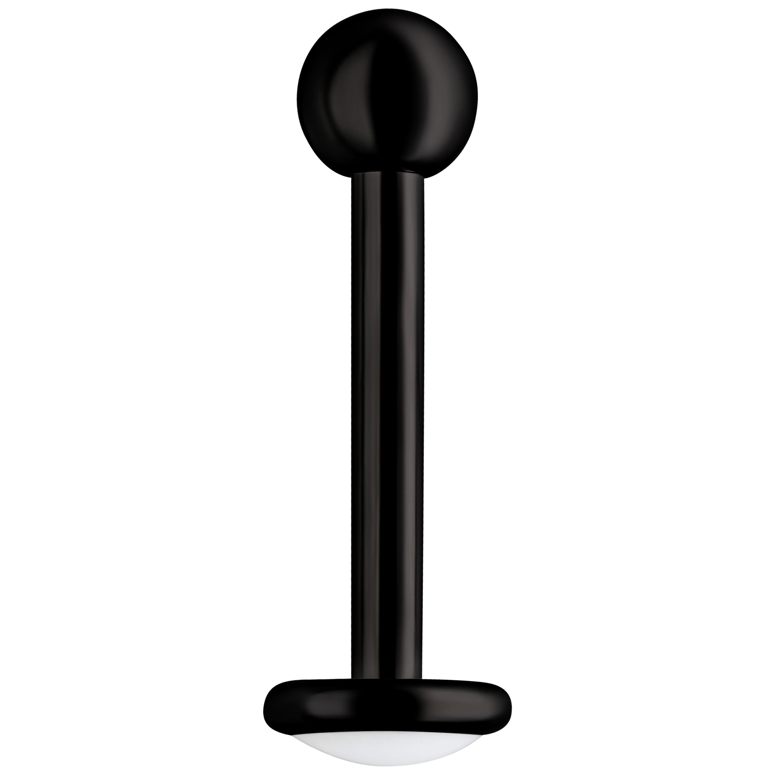 Musta labret-piercing titaanista ulkokierteellä valkoisella taustalla
