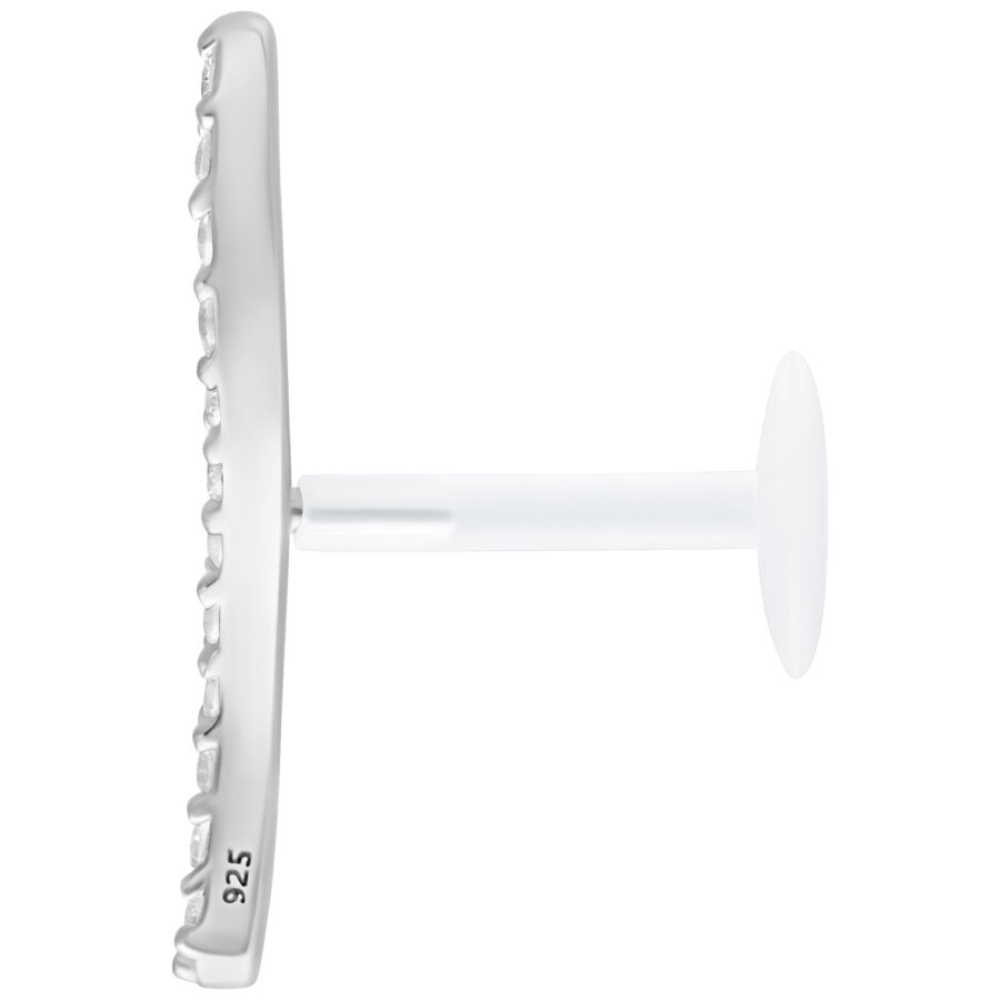 Hopeinen labret kristallirivillä, Push Fit, valkoisella taustalla
