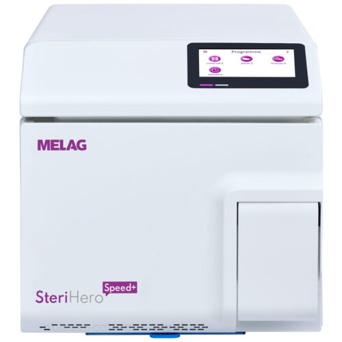 Valkoinen SteriHero Speed+ -sterilisaattori digitaalisella näytöllä neutraalilla taustalla
