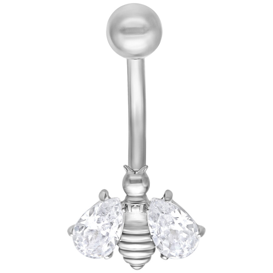 Hopeinen Crystal Bee Bananabell kirkkailla kristalleilla valkoisella taustalla