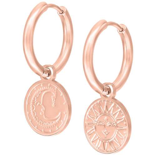 Rosékultaiset korvakorut, joissa aurinko- ja kuuriipukset valkoisella taustalla