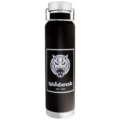 Musta tyhjiöeristystermos, jossa Wildcat-logo valkoisella taustalla