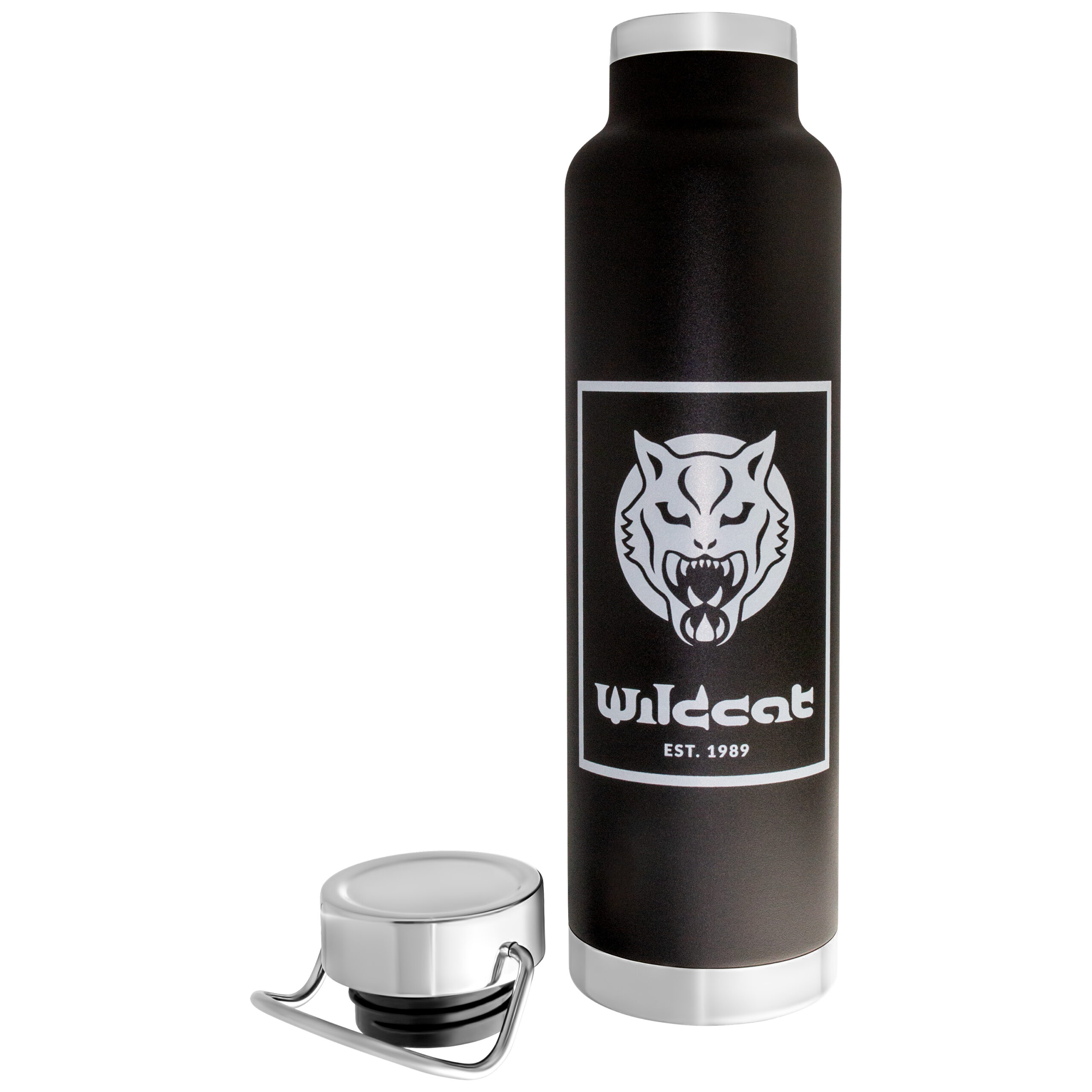 Musta Wildcat tyhjiöeristetty pullo Musta tyhjiöeristetty pullo Wildcat-logolla valkoisella taustalla