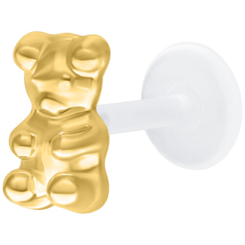 Kultainen Gummi Bear labret-piercing, 11 mm pitkä, valkoisella taustalla