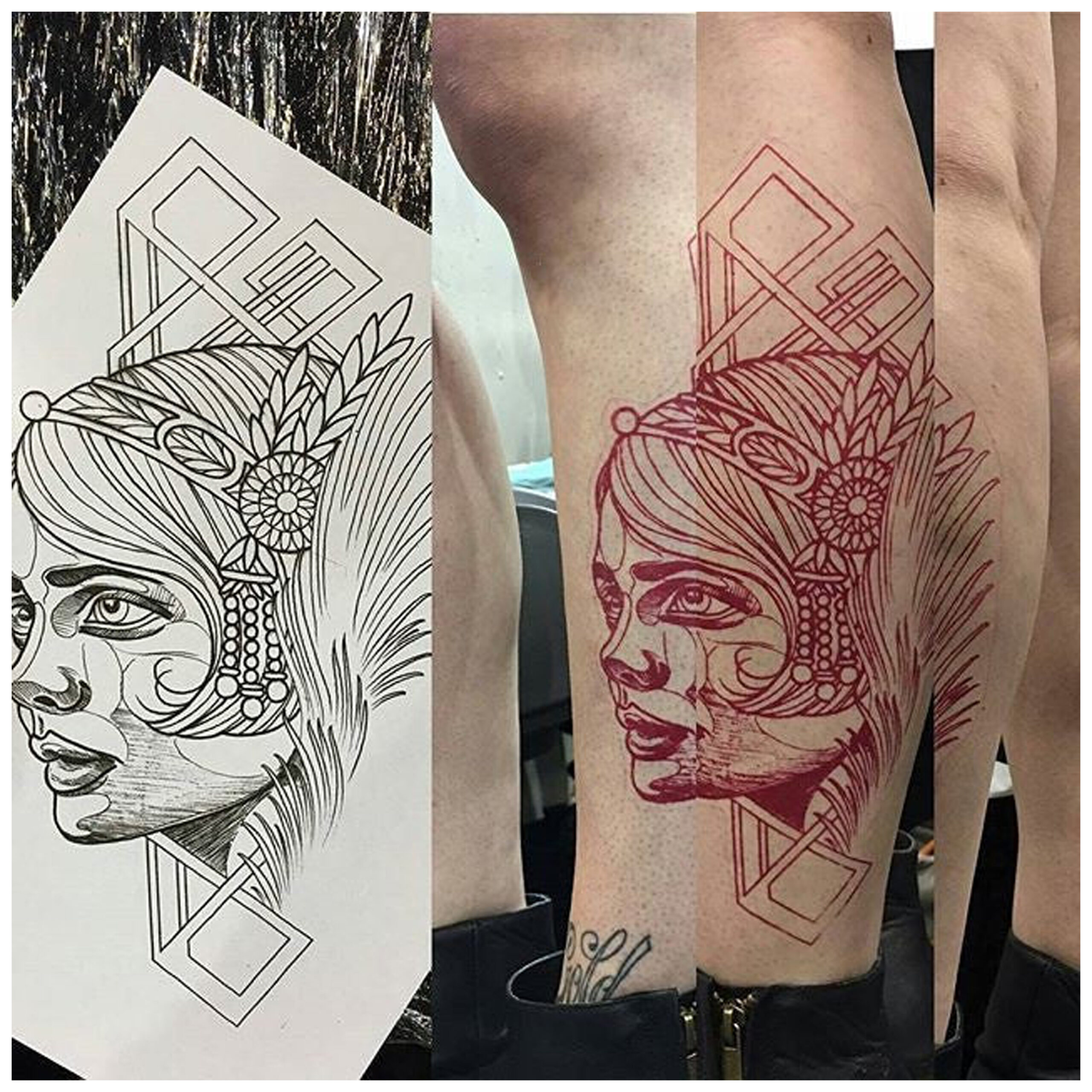 RED Tattoo -tatuointipaperi tatuointimuotoilulla Punainen tatuointisabluuna kasvokuvioilla ja valmis tatuointi jalassa
