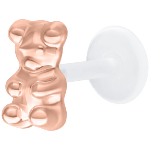 Ruusukultainen Gummi Bear labret lävistys Push Fitillä ja valkoisella taustalla
