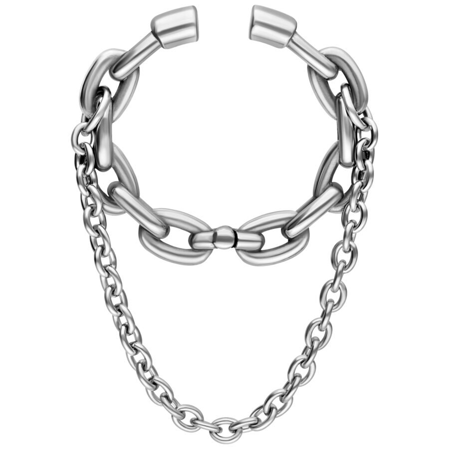 Hopeiset Double Chain korvapainot kirurginteräksestä valkoisella taustalla