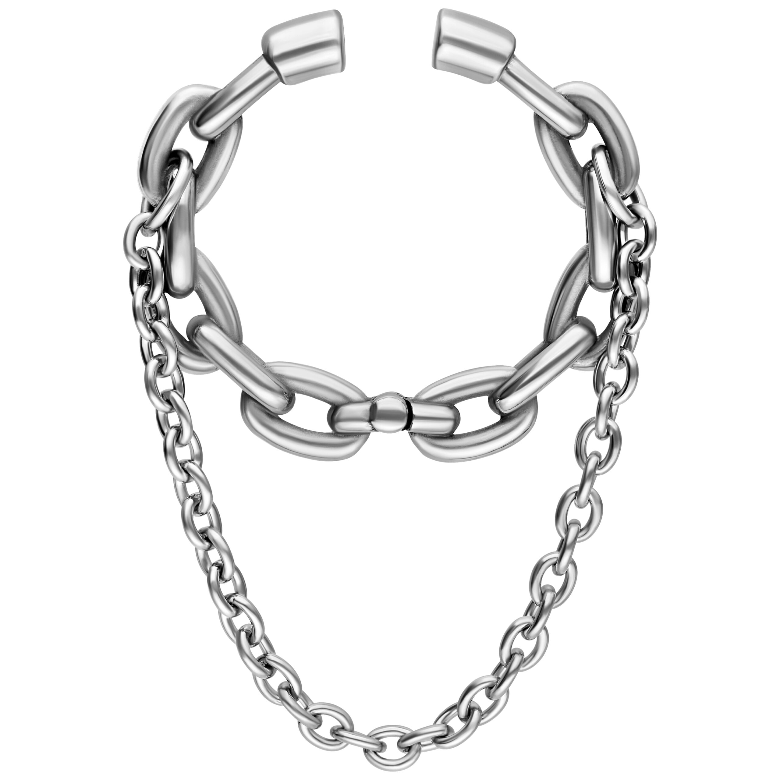 Hopeiset Double Chain korvapainot kirurginteräksestä valkoisella taustalla