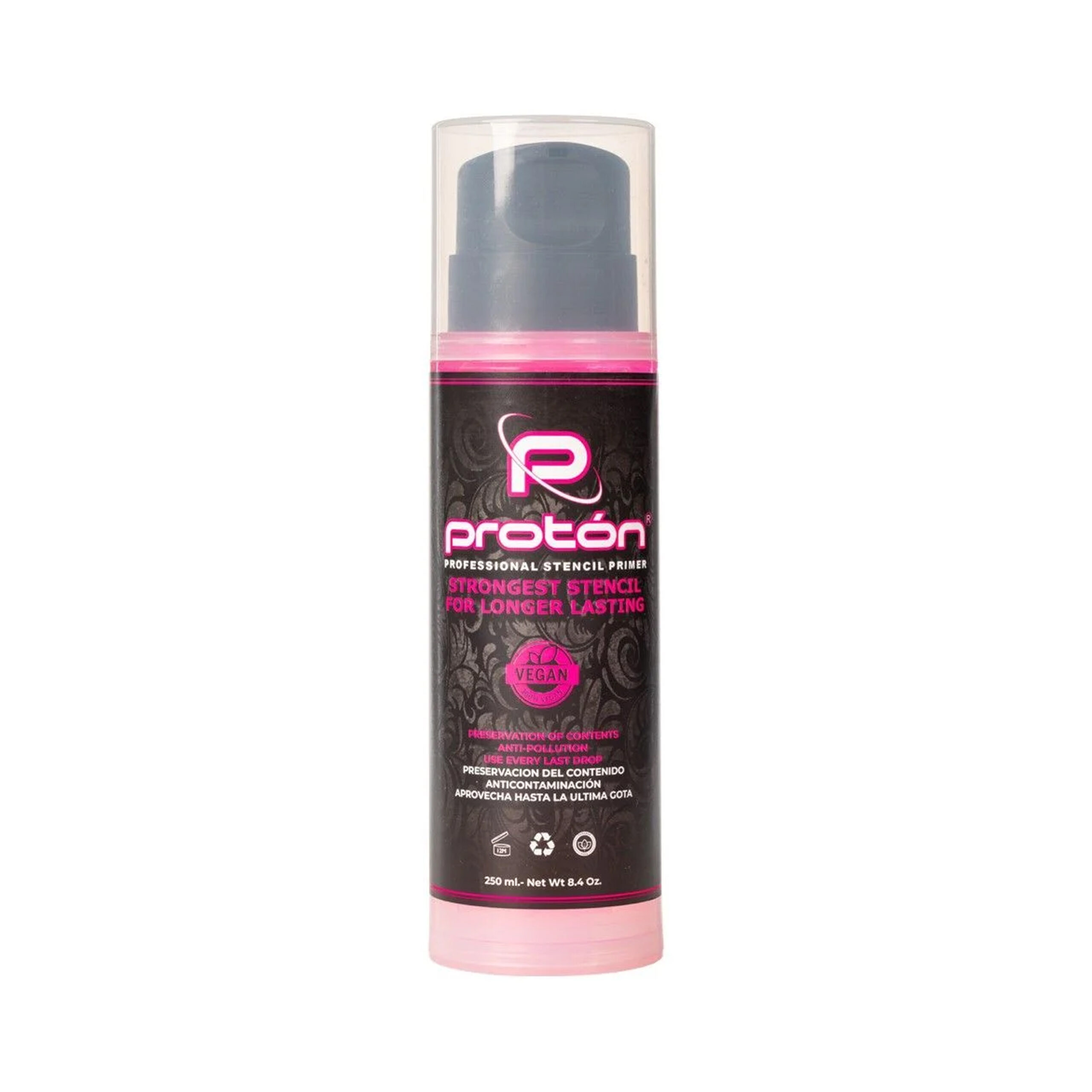 Proton Airless Stencil Primer pinkissä pullossa, 250 ml, valkoisella taustalla