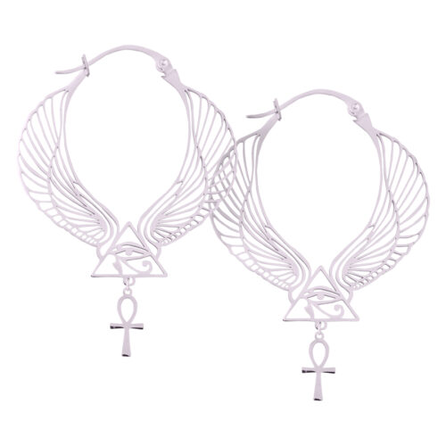 Hopeiset korvakorut Cleopatra Hoops -muodossa, siivillä ja Ankh-symbolilla valkoisella taustalla