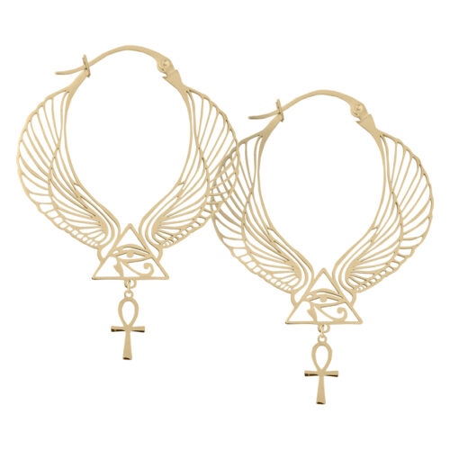Kultaiset Cleopatra-korvarenkaat, joissa on siipi- ja Ankh-kuvio valkoisella taustalla