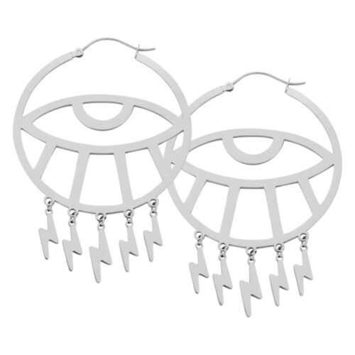 Hopeiset Thunderflash Eye Hoops kirurginteräksestä salamakoristeilla valkoisella taustalla