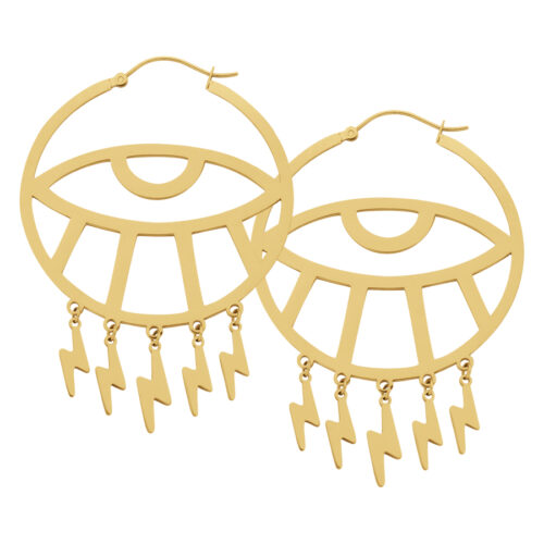 Kultaiset Thunderflash Eye Hoops salamakoristeilla valkoisella taustalla