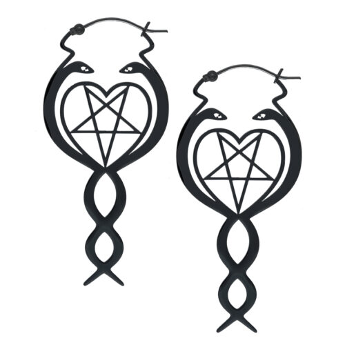 Mustat Nagini Hoops korvakorut käärmeaiheella ja pentagrammilla valkoisella taustalla