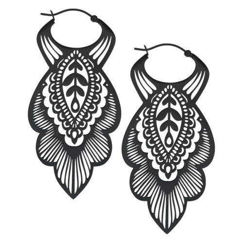 Mustat Mandala Leaf Hoops kirurginteräksestä valkoisella taustalla