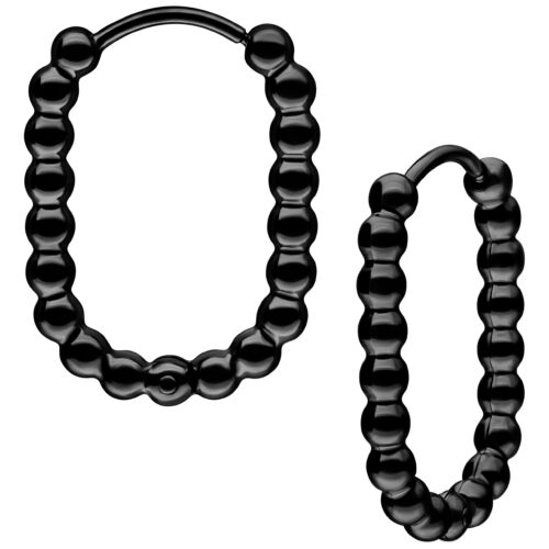 Kaksi mustaa ovaalin muotoista Bubble Hoops -korvakorua kirurginteräksestä valkoisella taustalla