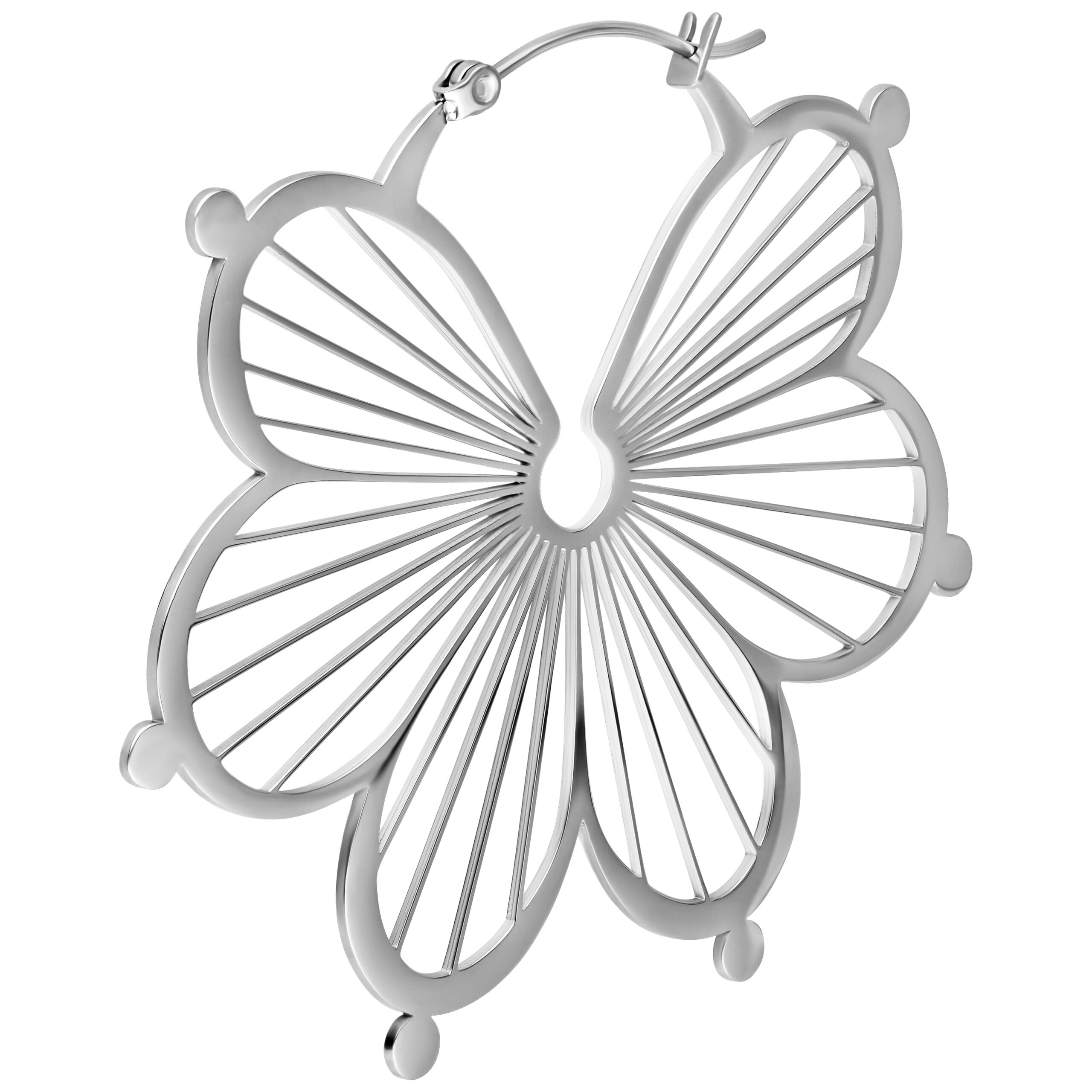Hopeiset Flower Hoops -korvakorut kirurginteräksestä Hopeiset Flower Hoops -korvakorut klipsikiinnityksellä valkoisella taustalla
