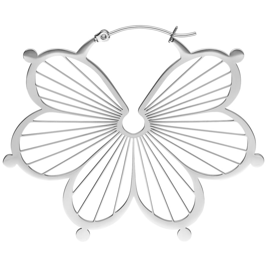 Hopeiset Flower Hoops -korvakorut kiiltävästä kirurginteräksestä valkoisella taustalla