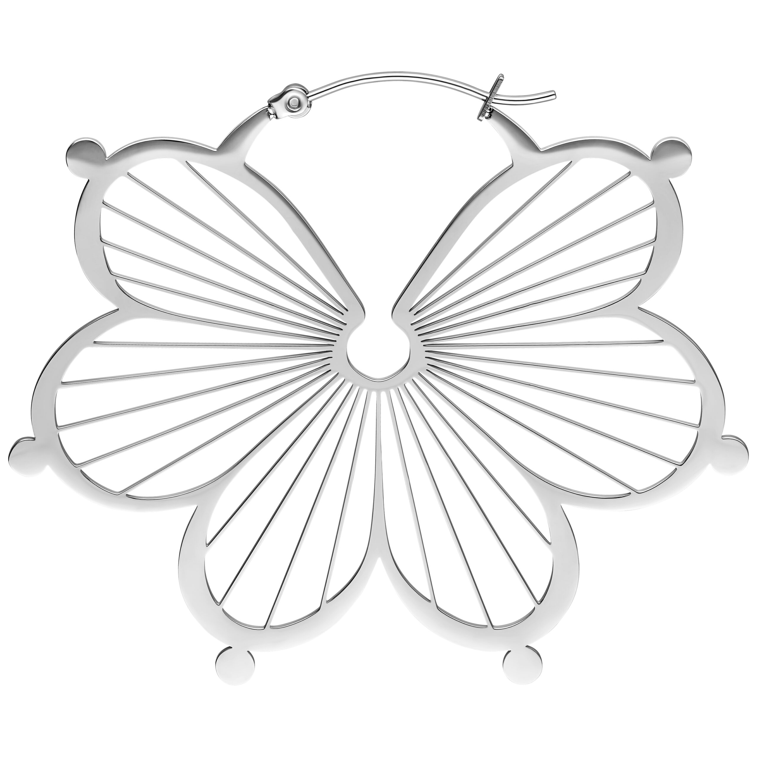 Hopeiset Flower Hoops -korvakorut kirurginteräksestä Hopeiset Flower Hoops -korvakorut kiiltävästä kirurginteräksestä valkoisella taustalla