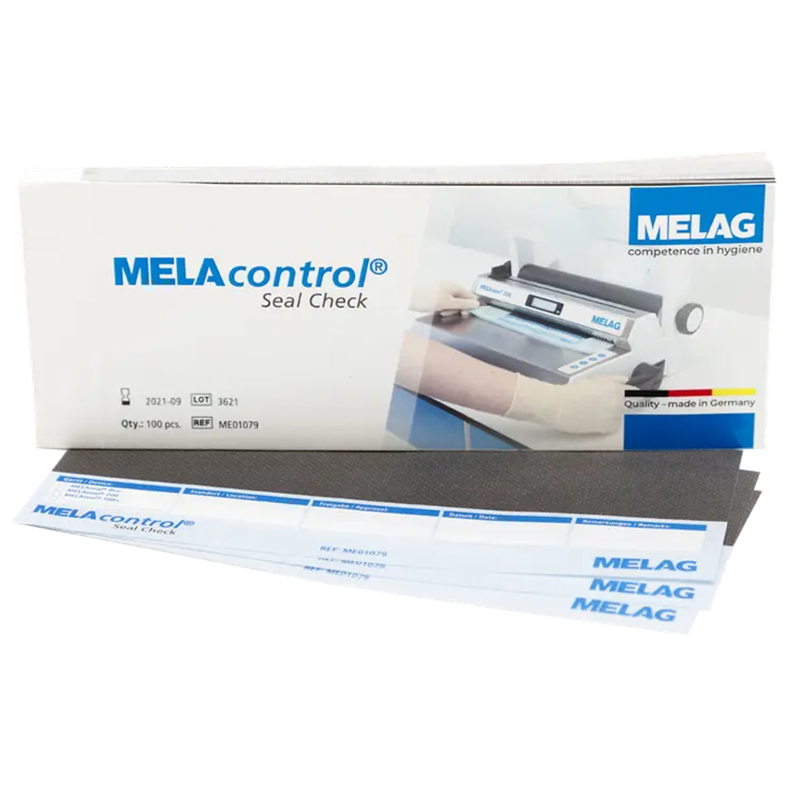 MELAcontrol Seal Check VE100 sterilointiliuskat MELAcontrol Seal Check VE100 pakkaus liuskoilla valkoisella taustalla