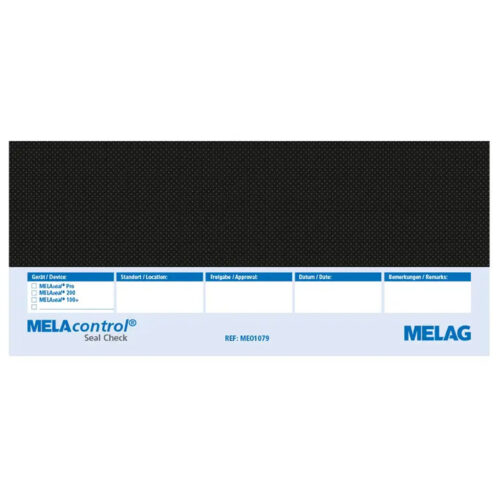 MELAcontrol Seal Check VE100 mustalla ja sinisellä designilla valkoisella taustalla