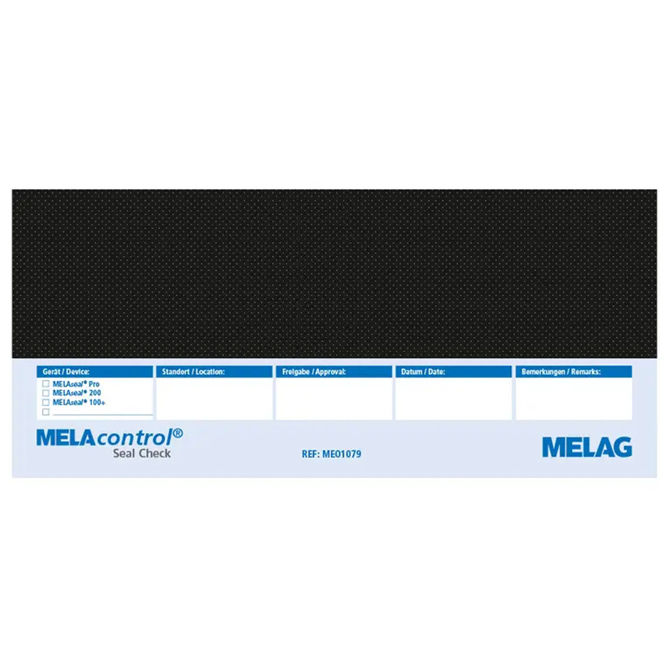 MELAcontrol Seal Check VE100 valkoisella taustalla MELAcontrol Seal Check VE100 mustalla ja sinisellä designilla valkoisella taustalla