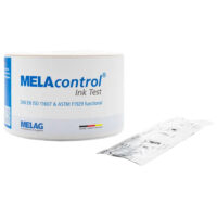 MELAcontrol Ink Test VE30 Melagilta MELAcontrol Ink Test rulla ja pakattu testisetti valkoisella taustalla