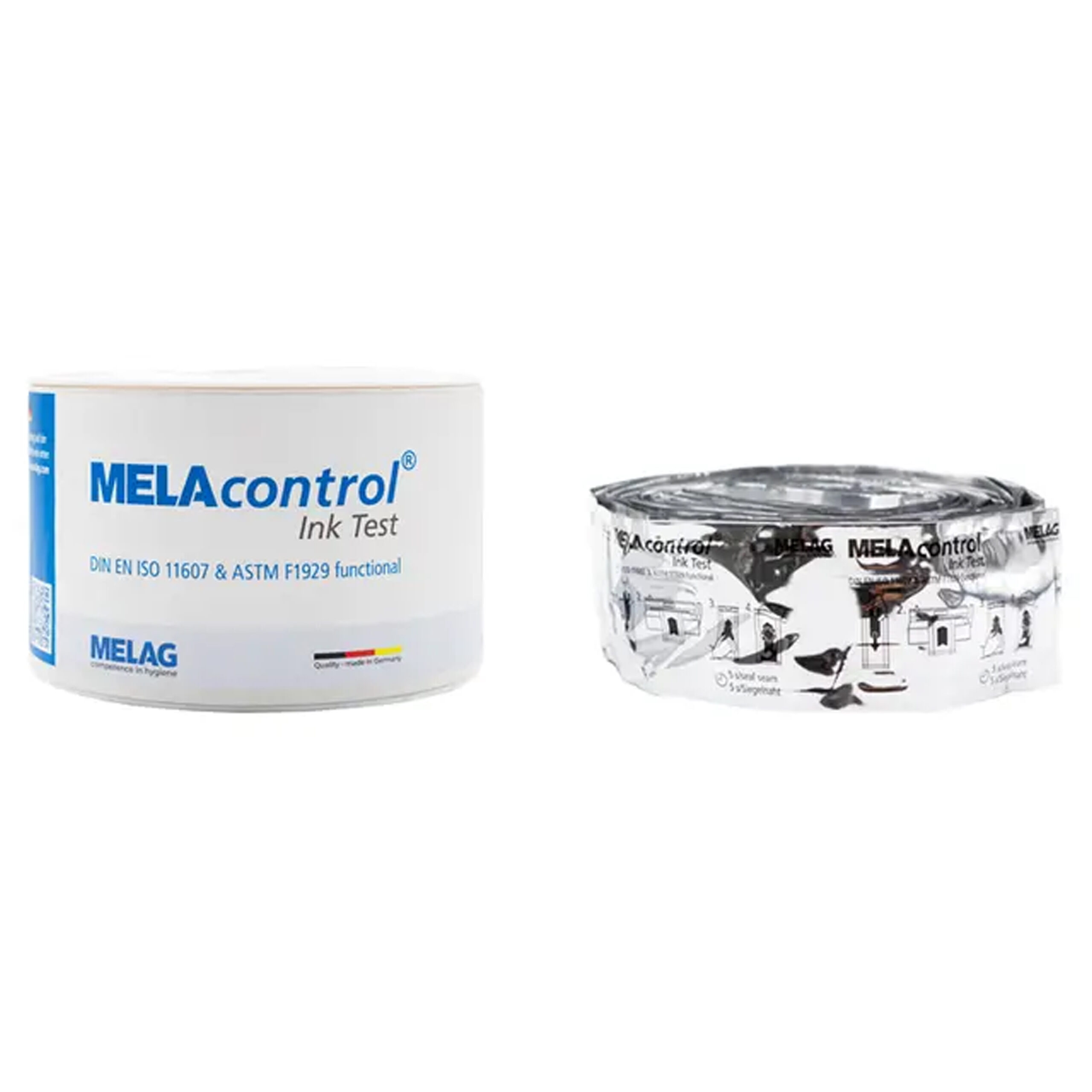 MELAcontrol Ink Test VE30 sterilointiin Kaksi MELAcontrol Ink Test -rullaa valkoisella taustalla