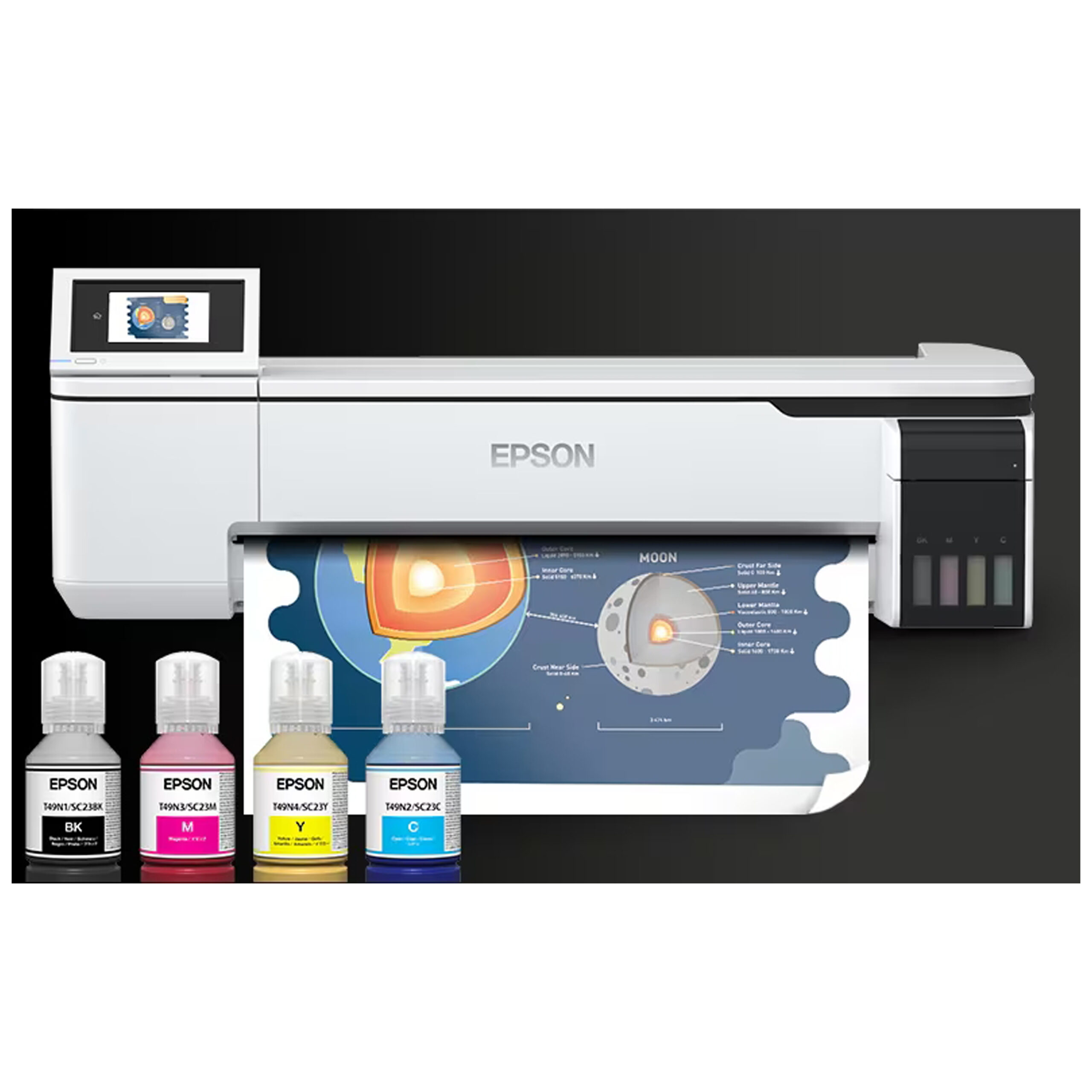 Valkoinen Epson SureColor SC-T3100x -tulostin mustepullojen kanssa mustalla taustalla