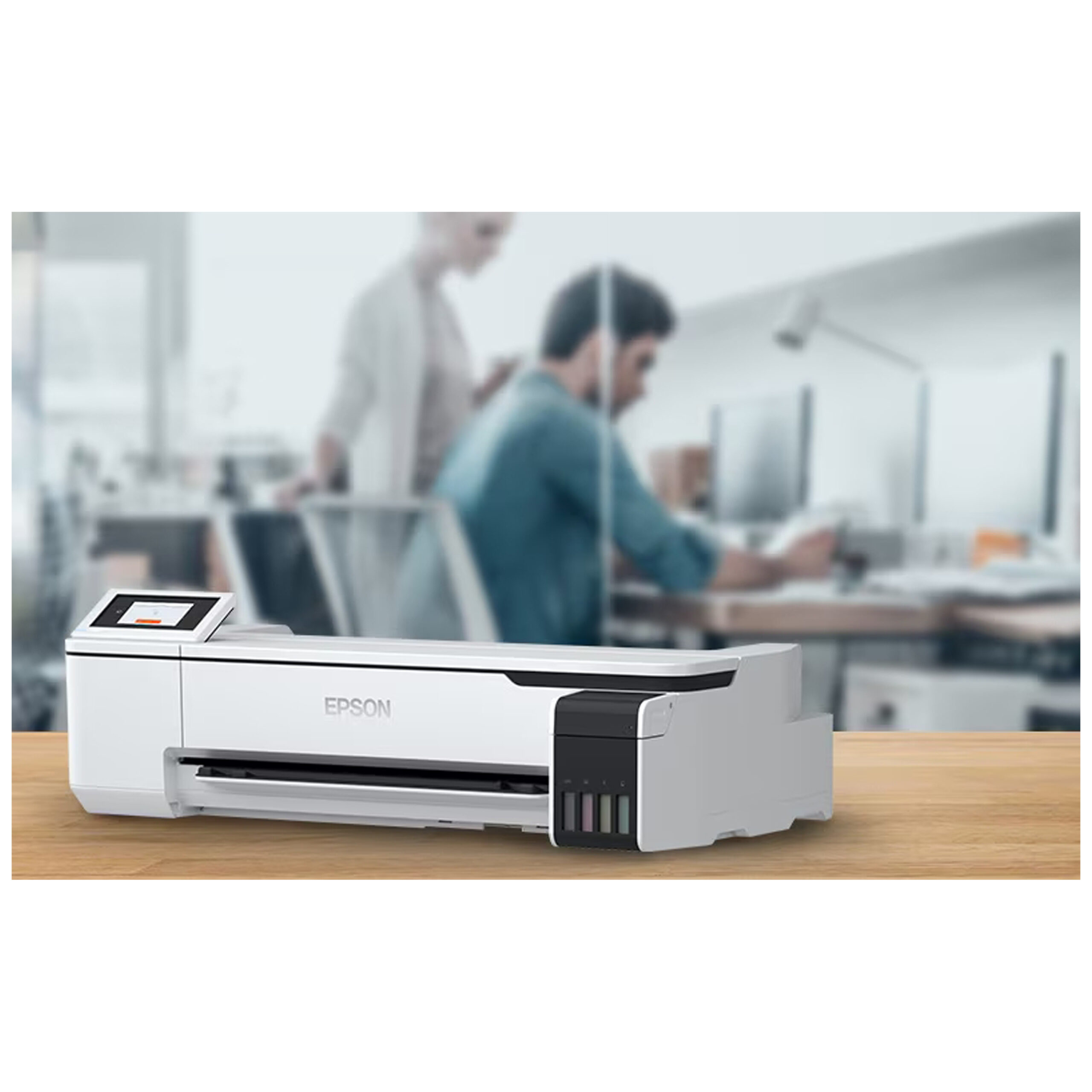Valkoinen Epson SC-T3100x suurkokotulostin puupöydällä toimistossa