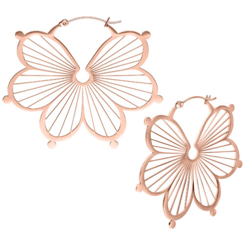 Kaksi ruusuhopeista Flower Hoops korvakorua valkoisella taustalla