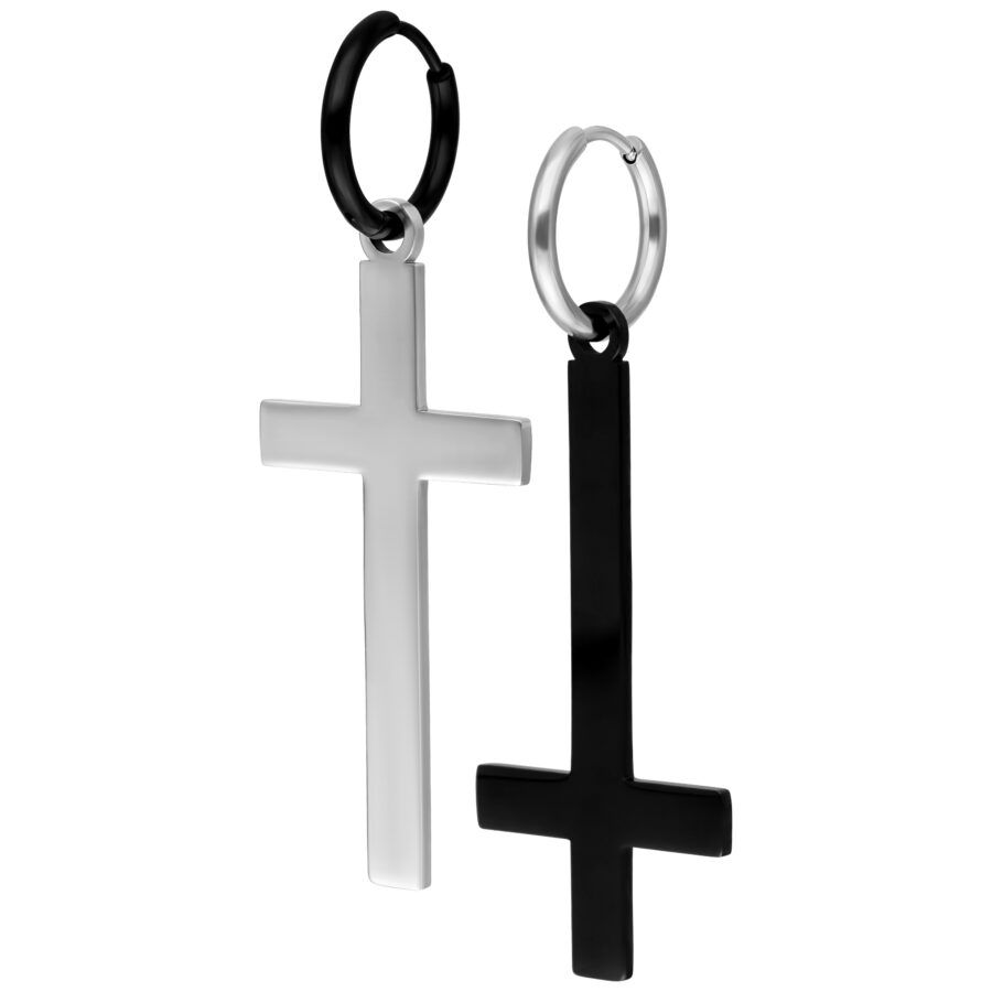 Kaksi Verena Venus Cross Hoops -korua kirurginteräksestä, kulta ja musta, valkoisella taustalla
