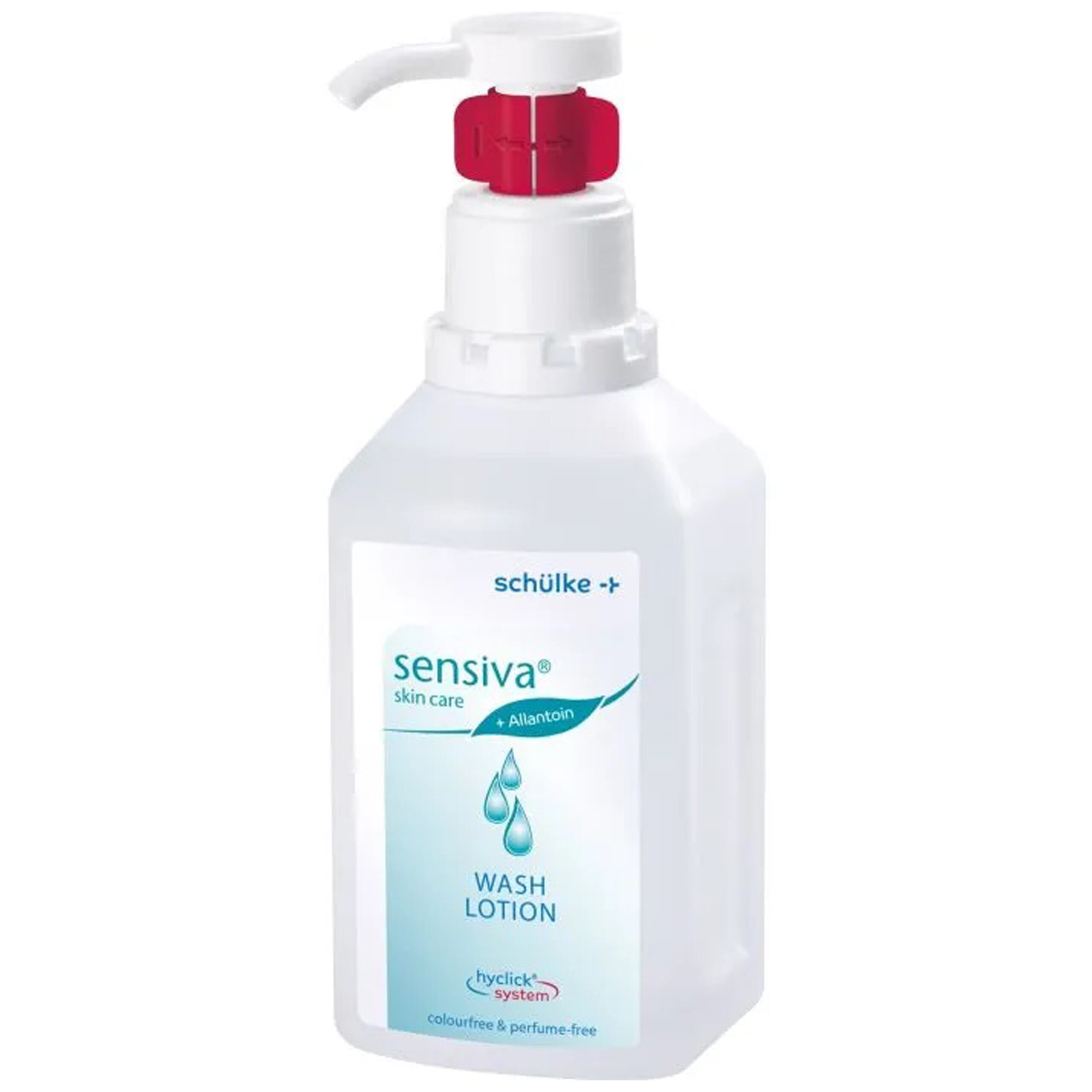 Sensiva ihon desinfiointipesuneste 1000 ml Valkoinen Sensiva-pesunestepullo punaisella annostelijalla valkoisella taustalla